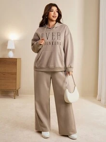 Edennvi Plus Size Women's English Letter Embroidered Ribbed Cuff Hoodie And Pants Khaki 2 Pieces Set, Suitable For Daily Home Wear - Khaki - View 6