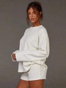 Athîral Women's Casual Round Neck Knitted Solid Color Soft Comfortable Long Sleeve Top T-Shirt 2pcs Set, Daily & Date Outfit - White - View 6