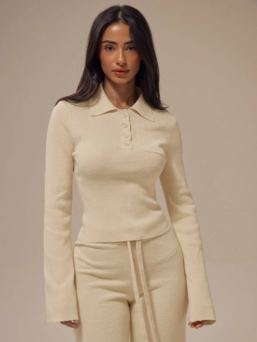 MUSERA ESSENTIALS 麻灰色翻領 Polo 領開襟鈕扣單胸口袋修身袖短版針織上衣 基本款居家休閒日常必備 - 奶油色 - 查看 1