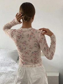 Dazy Kids Teen Girl Floral Print Crew Neck Long Sleeve Casual T-Shirt - Apricot - View 3
