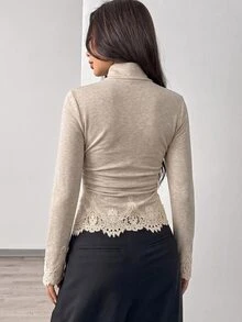 GalTyme Plus Size Women's Lace Patchwork Casual Everyday Long Sleeve T-Shirt - Apricot - View 2