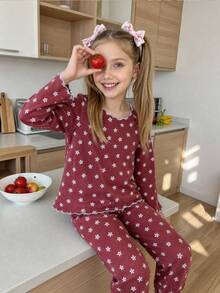 Girls' Fitted Long Sleeve Long Pants Pajama Set, Autumn/Winter New Arrival, Ruffle Design, Sweet Elegant Fresh Ditsy Floral Print, Suitable For Most Girls, Sleepwear Homewear Set - Brown - View 1