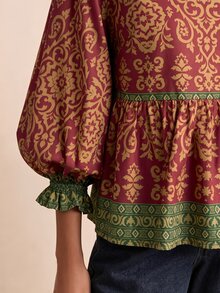 LOTSLUV Áo blouse nữ dáng rộng tay dài cổ tròn, họa tiết in màu vàng và xanh, phong cách thường ngày đi làm đầu thu - Đỏ - Xem 6