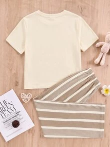 少女休閒甜美風極簡條紋圓領短袖長褲家居服套裝，適合日常居家穿著，舒適自在，休閒穿搭，時尚少女風 - 彩色 - 查看 2