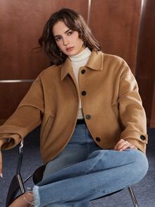 Anewsta Women's Double-Sided Wool Handmade Button Long Sleeve Coat - Camel - View 5