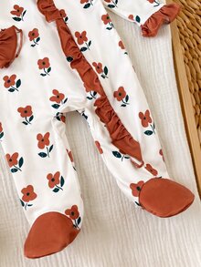 SHEIN Newborn Baby Floral Print Patchwork Ruffle Long Sleeve Romper - Yellow - View 6