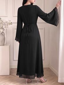 Celisse Women's Black Chiffon Asymmetrical Patchwork Muslim Dress, Elegant Commuter Style For Spring And Autumn - Black - View 2