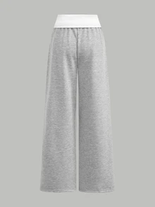 SHEIN Tween Girls Sweatpants, Comfortable Kids Colorblock Pleated Casual Wide Leg Sports Pants, Versatile For Daily Wear, Autumn/Winter - Grey - View 2