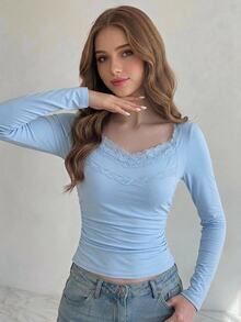 SHEIN Teen Girl Knit Blue Contrast Lace Trim V-Neck Long Sleeve Slim Fit T-Shirt - Baby Blue - View 5