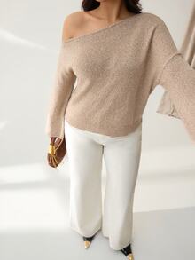 Auralis Plus Size Women Solid Color Asymmetrical Shoulder Drop Shoulder Long Sleeve Fashion Pullover Sweater/One-Shoulder Sweater / Stylish And Comfortable - Khaki - View 5