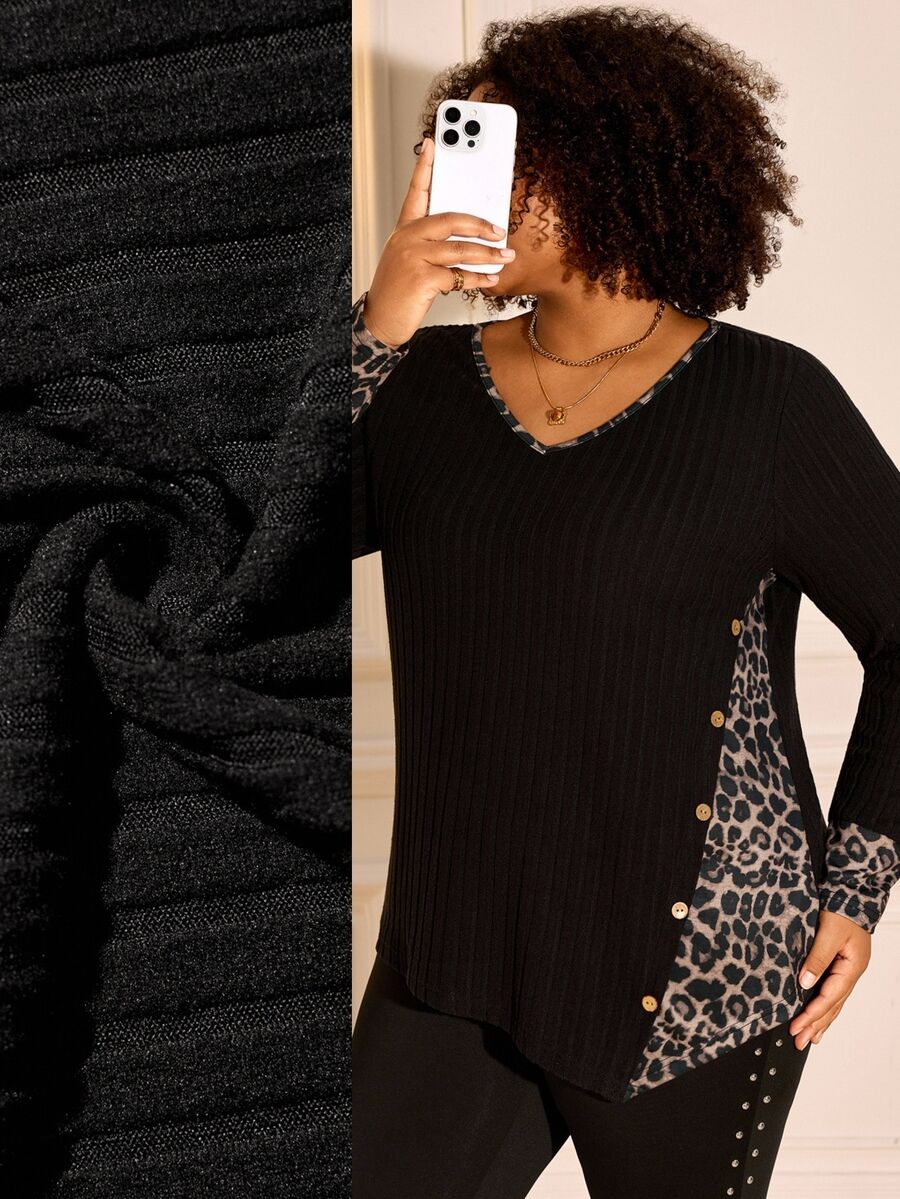 BrightlyHer Plus Size Women's Leopard Print Patchwork Casual Long Sleeve T-Shirt For Daily Wear - Multicolor - View 1