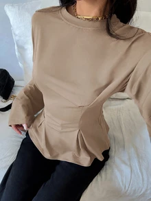 Siren Gaze 女款優雅通勤純色喇叭袖收腰修身T恤 冬季休閒 春季 - 卡其色 - 查看 6