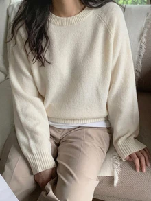DAZY 女款素色插肩袖長袖休閒商務套頭毛衣，秋季長袖上衣，秋季女裝 - 白色 - 查看 2