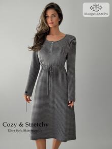 DAZY Women's Striped Button Design Long Sleeve Casual Loungewear Dress - Grey - View 4