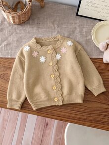 Souflis Souflis Baby Cardigan Girls Beige Long Sleeve Round Neck Floral Embroidered Button Front Knit Cardigan - Brown - View 5