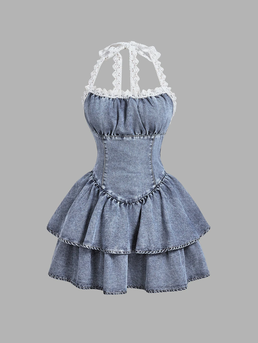 Elamini Women's Contrast Lace Ruffle Hem Halter Neck Denim Dress - Blue - View 1