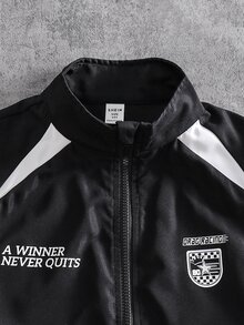 SHEIN KidsTweenBoy Casual Sports Racing Graphic Black Stand Collar Jacket, Suitable For Fall/Winter, School, Family Gathering, Vacation, Party, FallOutfit, WinterOutfit, Boys Outfit Set - Black - View 3