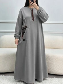 Lacomfia Women's Round Neck Long Sleeve Loose Fit Casual Versatile Grey Plus Size Dress With Pockets, Autumn/Winter - Grey - View 4