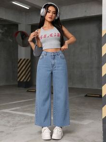 Jeanoix 大尺碼女款休閒日常牛仔褲，附口袋與鈕扣設計 - 中等水洗藍 - 查看 8