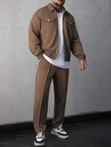 Manfinity Roughcore 男士灰藍色兩件式休閒套裝，拉鍊前口袋夾克與長褲，休閒正裝，秋季度假慢跑套裝，老錢風運動休閒套裝 - 棕色 - 查看 4