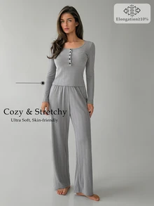 DAZY Women's Solid Color Button Half-Placket Long Sleeve Top And Pants Loungewear Set - Grey - View 5