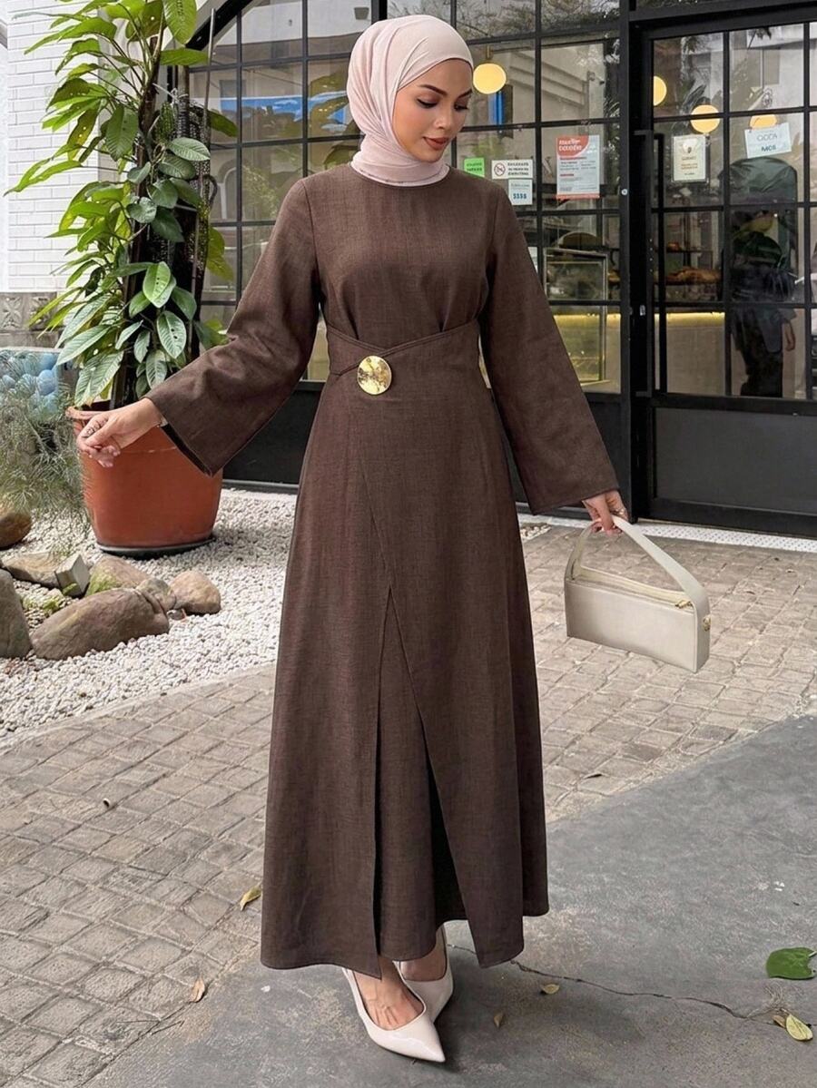 DAZY Women's Metal Decor Casual Party Long Dress - Coffee - View 1