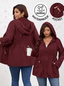 SHEIN Clasi Plus Size Zipper Pocket Long Sleeve Hooded Jacket For Daily Wear Autumn Casual Smart Fall - Burgundy - View 1