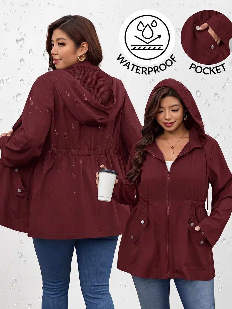 SHEIN Clasi Plus Size Zipper Pocket Long Sleeve Hooded Jacket For Daily Wear Autumn Casual Smart Fall - Burgundy - View 1
