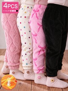 SHEIN 4件組女嬰幼兒女童抓絨褲 可愛甜美粉色白色黑色波點蝴蝶結印花 毛茸茸厚實 秋冬冬季節日派對毛衣褲 - 酒紅色 - 查看 1
