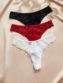 Charlaine French Style Solid Color Women's Thong Panties With Lace Trim And Pure Cotton Gusset (3pcs/Pack) - Multicolor - View 2