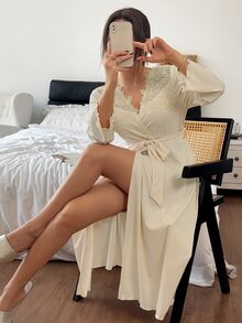 Napfluff Women's Heavy Embellished Floral V-Neck Lettuce Edge Trim Nightgown - Apricot - View 1