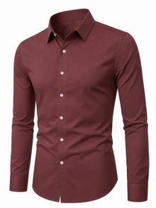 Manfinity Bizformal 男士長袖襯衫，翻領設計，酒紅色門襟細節，休閒日常穿著 - 酒紅色 - 查看 3