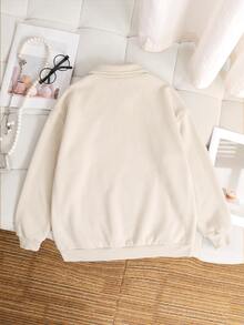 SHEIN 青少年女孩休閒基礎款半拉鍊高領精緻蝴蝶結刺繡花卉灰色保暖內裡加厚套頭衛衣 秋冬款 - 杏色 - 查看 3