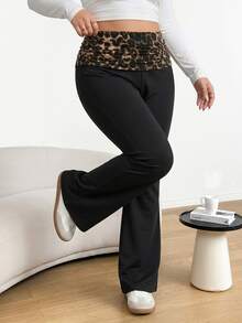 Shapeblank Women's Plus-Size Black Flare Pants With Leopard Print Panels – Stylish, Casual, Stretchy, And Comfortable, Fall/Winter, Thanksgiving, New Year - Black - View 3