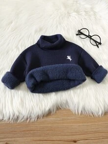 SHEIN 男女嬰兒/幼兒秋冬保暖加厚杏色高領毛衣，嬰兒毛衣，抓絨加厚 - 杏色 - 查看 6