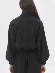 KÆRIA Hus Jaket Leher Corong Lengan Balon - Campuran Wol Garis-garis - Hitam -, Sepenuhnya Berlapisan, Modern - Navy Blue - View 3