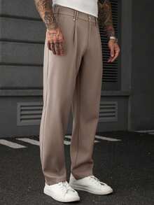Manfinity Homme Plus Size Men's Solid Color Pleated Pocket Business Casual Suit Pants - Apricot - View 3