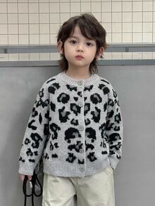 DAZY Young Boy Autumn/Winter Leopard Print Long Sleeve Knitted Cardigan - Dark Grey - View 4