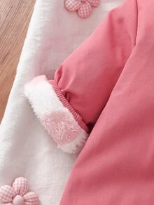 SHEIN 1件裝幼兒女嬰雪地連身衣 甜美粉色白色熊耳連帽連身褲 刷毛滾邊愛心長袖 加厚保暖 戶外秋冬舒適拉鍊款 - 彩色 - 查看 5