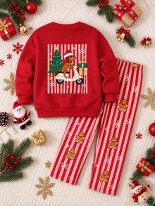 Young Girl Cartoon Print Long Sleeve Sweatshirt And Long Pants Casual Daily Set - Multicolor - View 2