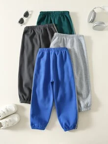 SHEIN 4件裝小男孩休閒學院風舒適時尚簡約百搭裝飾款軟厚舒適長褲 - 彩色 - 查看 2