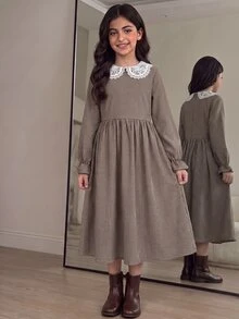 SHEIN Tween女孩秋冬休閒修身學院風日常拼接撞色翻領精緻復古小號 - 彩色 - 查看 3