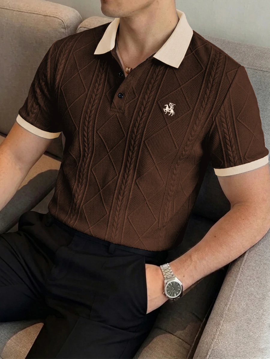 Calvornis 男士短袖 Polo 衫,提花針織鈕扣領,復古圖案商務休閒夏季高爾夫 Polo 衫,時尚休閒通勤日常穿著,正式 - 咖啡棕 - 查看 1