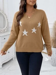 SHEIN LUNE Áo len chui đầu dệt jacquard phối màu tương phản phong cách tối giản mặc hàng ngày size lớn - Lạc đà - Xem 7