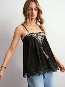Willow Rêve Women's Black Lace Patchwork Embroidered Neckline Camisole Top, Romantic - Black - View 4