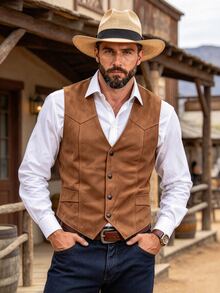 Manfinity Mode Áo vest da lộn phong cách cao bồi miền Tây cho nam, áo gile da retro 5 cúc cho đám cưới, dạ hội và trang phục thường ngày ... - màu nâu - Xem 4