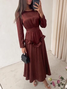 Modelyn Glossy Long Sleeve Dress, Round Neck Elastic Waist Pleated Design With Ruffle Hem, Draping Slimming Versatile Commute Party Dress, Suitable For Date, Commute, Gathering, Daily Wear - Rust Brown - View 6
