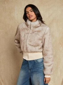 Glamine Women's Casual Silver Fox Ribbed Cropped Jacket With Zipper Front - Apricot - View 6