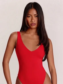 SHEIN BAE 女款純色V領休閒背心連身衣 - 紅色 - 查看 5