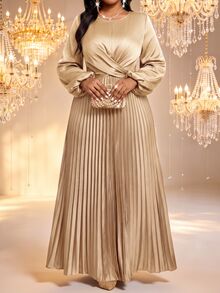 Fleurora Plus Size Elegant Solid Color Twisted Pleated Dress Fall - Gold - View 1